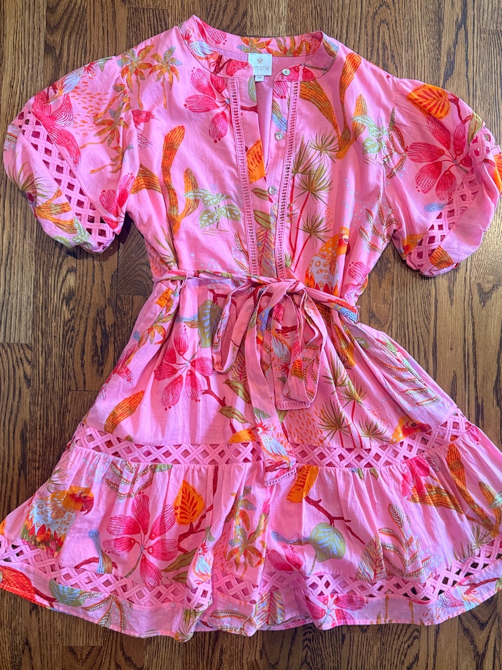 J. Marie Playa Boyfriend Tropical Print Short puff sleeve belted mini dress XS